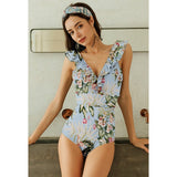 PLAVKY 2019 Sexy Female Retro V Neck Blue Striped Swimsuit One Piece Ruffled Push Up Padded High Waist Swimwear Women Monokini