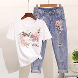 LUOSHA Women 2019 2Pcs Summer Stylish Embroidery 3D Flower Short Sleeved Tshirt+Heavy Work Jean Rippered Hole Denim Pants Suit