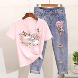 LUOSHA Women 2019 2Pcs Summer Stylish Embroidery 3D Flower Short Sleeved Tshirt+Heavy Work Jean Rippered Hole Denim Pants Suit